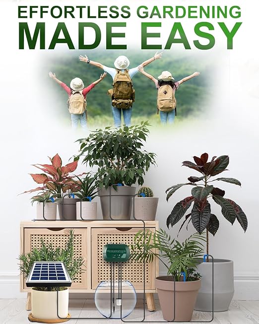 Breeze Touch 50FT Automatic Solar Drip Irrigation System Drip Irrigation Kit with 12 Timing Modes Supported 15 Pots Indoor/Outdoor Irrigation System for Garden Balcony &amp Patio Watering System
