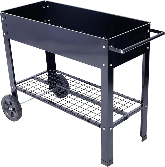 Products Elevated Mobile Raised Ergonomic Metal Planter Garden Bed for Backyard Patio wWheels Lower Shelf Black