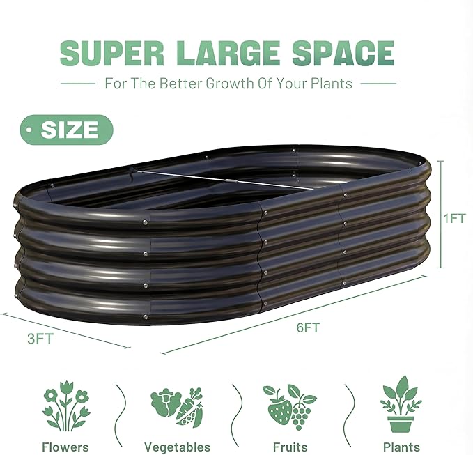 AHEONLAR 3 Pack 6×3×1ft Galvanized Raised Garden Beds Oval Durable Planter Boxes Outdoor for Vegetables Fruits Flowers and Plants Quick Assembly Black