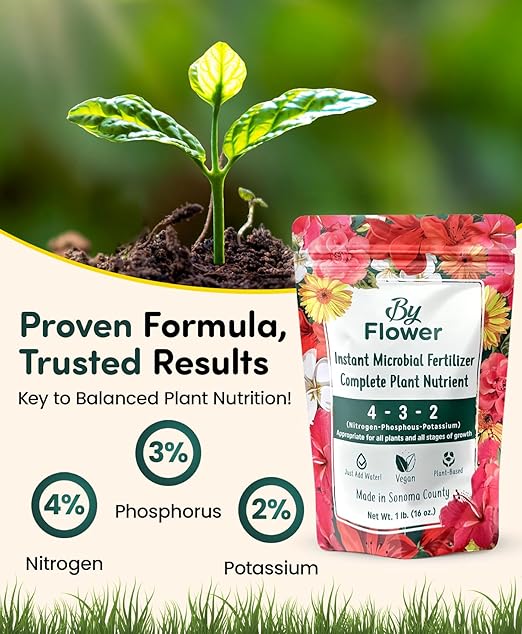 ByFlower Water-Soluble House Plant Fertilizer 1 lb – Organically Enhances Soil Quality for Thriving Plants - Vegan Garden Fertilizer Supports Healthy Growth