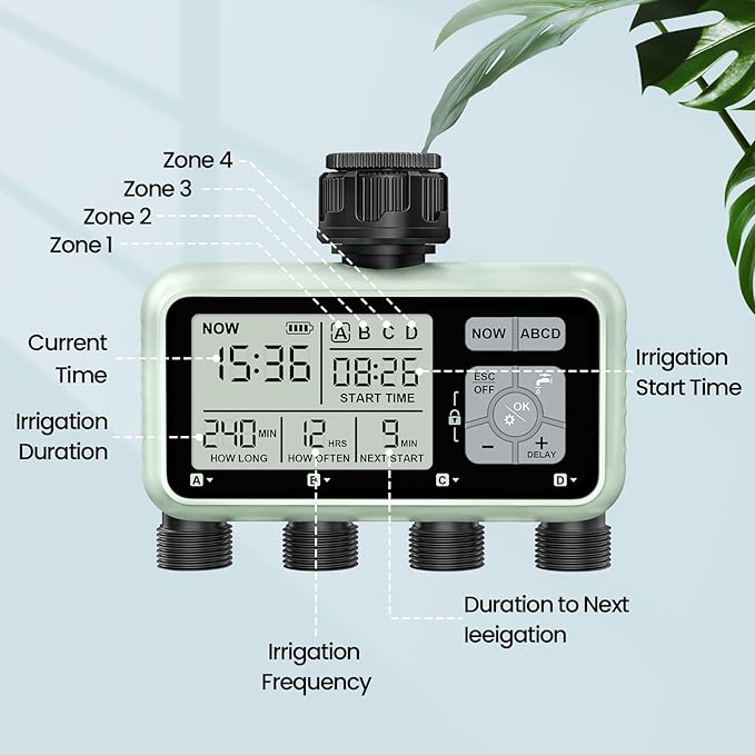 Watering Timer 4 Zone Sprinkler TimerProgrammable Garden Outdoor Hose Faucet Timer with Rain Delay/Manual/Automatic Watering SystemWater Hose Irrigation Timers 4 Outlet for Garden