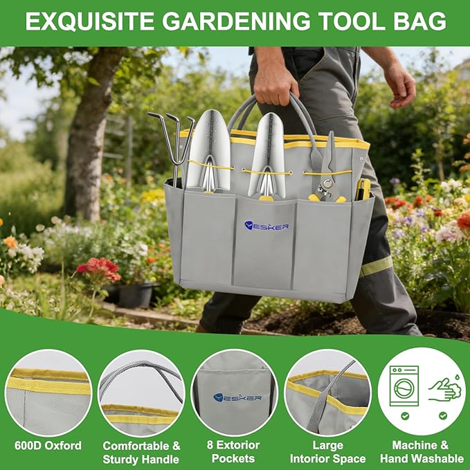 Yesker Gardening Tools 10-Piece Heavy Duty Garden Tool Set Gardening Supplies Gifts for Women Men Gardening Hand Tool Kit w Non-Slip Ergonomic Handle Garden Bag Durable Gloves Pruning Shears Gray