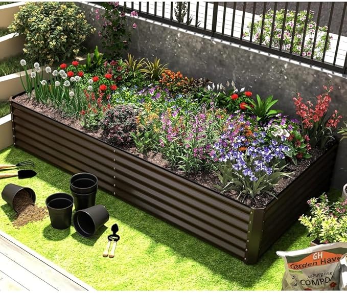 Heavy-Duty Galvanized Steel Raised Garden Bed for Outdoor Vegetable Fruit and Flower Planting – Rust-Resistant Metal Planter Box (Brown - 6x3x1.5 ft)