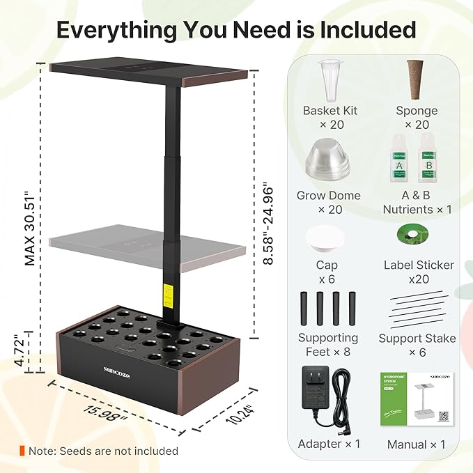 SUNCOZE Hydroponics Growing System Kit 20 Pods Indoor Herb Garden with 10L Water Tank &amp Adjustable Height 25 30W LED Grow Light LCD Display with Veg/Flower Modes Pump &amp Low Water Reminder