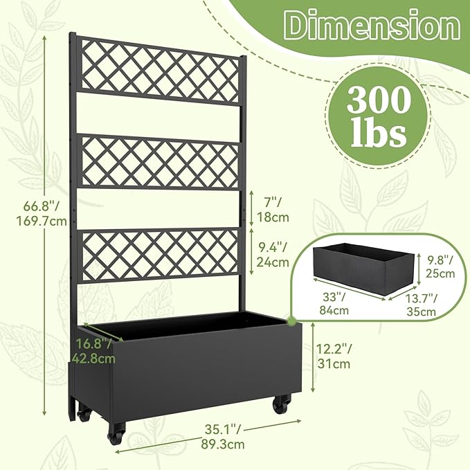 Metal Planter Box with Trellis Privacy Screen 67x35x16 Raised Garden Bed with Trellis Privacy Planter Boxes with Planting Bag &amp Lockable Casters for Climbing PlantsVegetablesand Vines