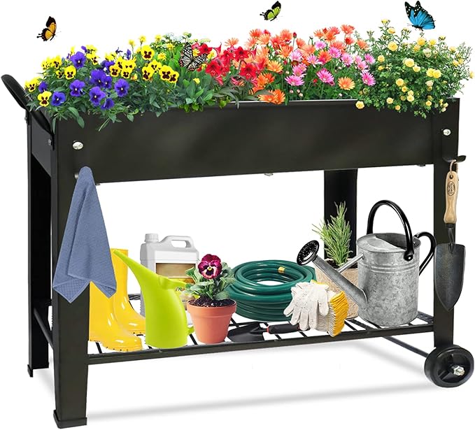 Raised Garden Planter Beds with Wheels Legs Large Planters Box for Indoor Outdoor PlantsMetal Galvanized Elevated Rectangle Herb Planter Box for Vegetables Flower Patio 31.5 H