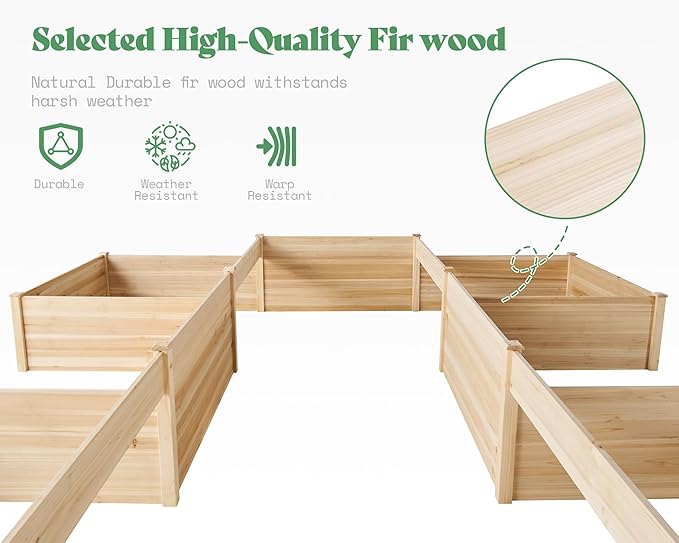 AMERLIFE Raised Garden Bed – 12x12x2 ft H-Shaped Wooden Planter Box 180 Cu. Ft Capacity Double-Layer Design for Outdoor Patio Yard and Garden Use