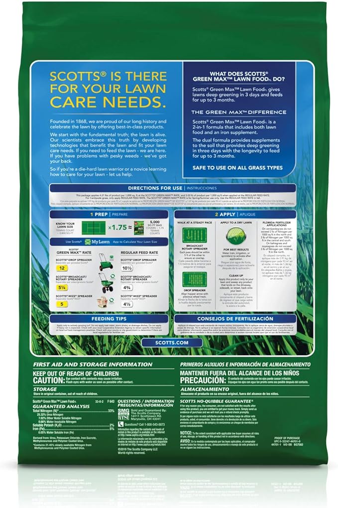 Scotts Green Max Lawn FoodFL Lawn Fertilizer Plus Iron Supplement for Greener Grass 5000 sq. ft. 15.15 lbs.