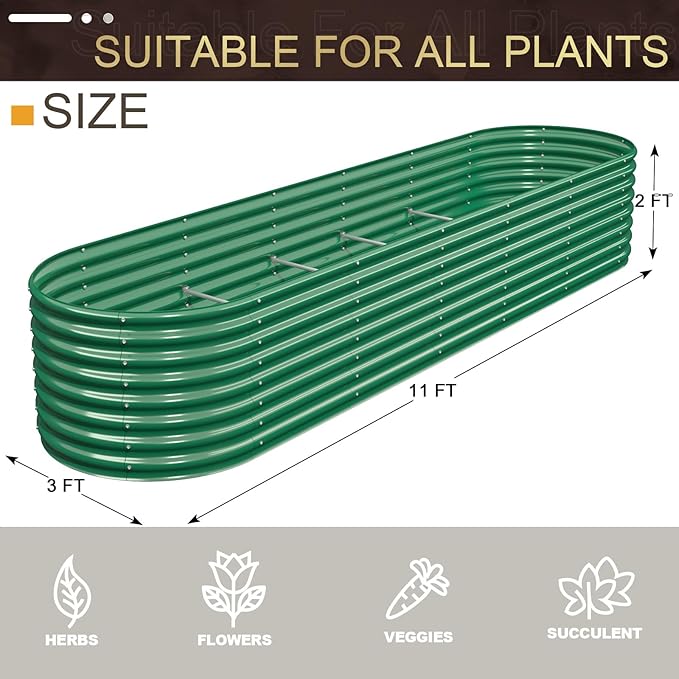 FRIZIONE 11FT(L)×3FT(W)×2FT(H) Galvanized Raised Garden Bed Outdoor Metal Raised Garden Beds for Flower Raised Planter Box Outdoor for Herb Vegetable-Dark Green