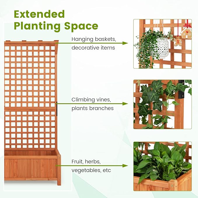 HAPPYGRILL Raised Garden Bed with Trellis 72.5 Planter Raised Bed with Drainage Holes Freestanding Garden Box for Vine Climbing Plants Wooden Planter Box for Yard Balcony (1 Orange)