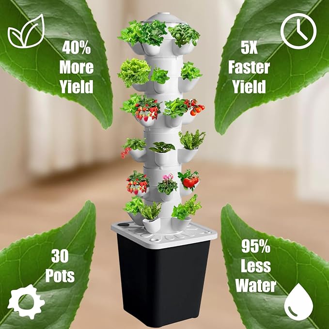 Hydroponics Growing System Kit 30 Plant Vertical Hydroponic Tower with Silent Water Pump Adapter and Timer for Indoor Herbs Fruits and Vegetables Growing