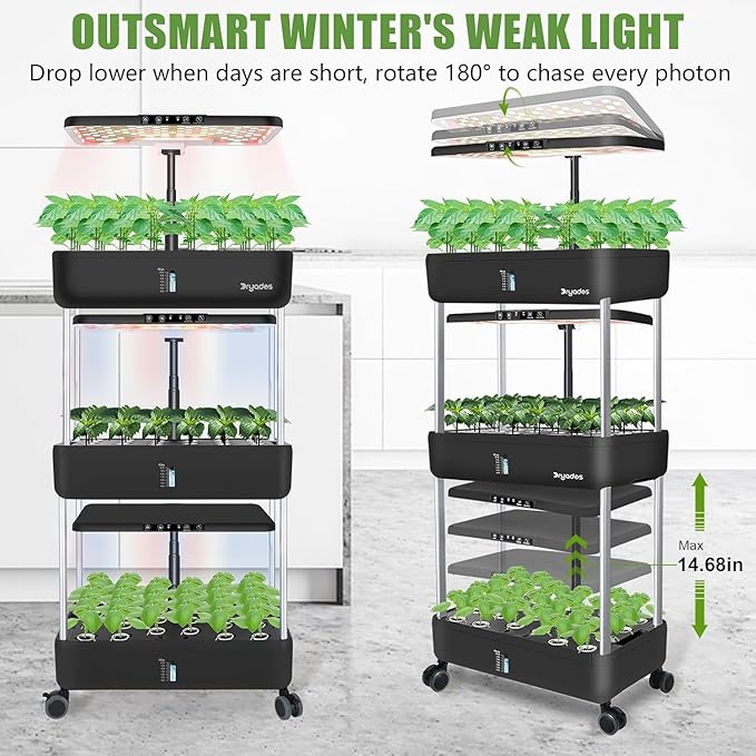 66-Pod Indoor Hydroponic Growing System + 3 Free Seeds Starter Kit (Lettuce Salad Mixed Basil Seeds) – Dual 53W Full-Spectrum LED 10-L Water Tank 3-Tier Grow Pods (66 Pods)