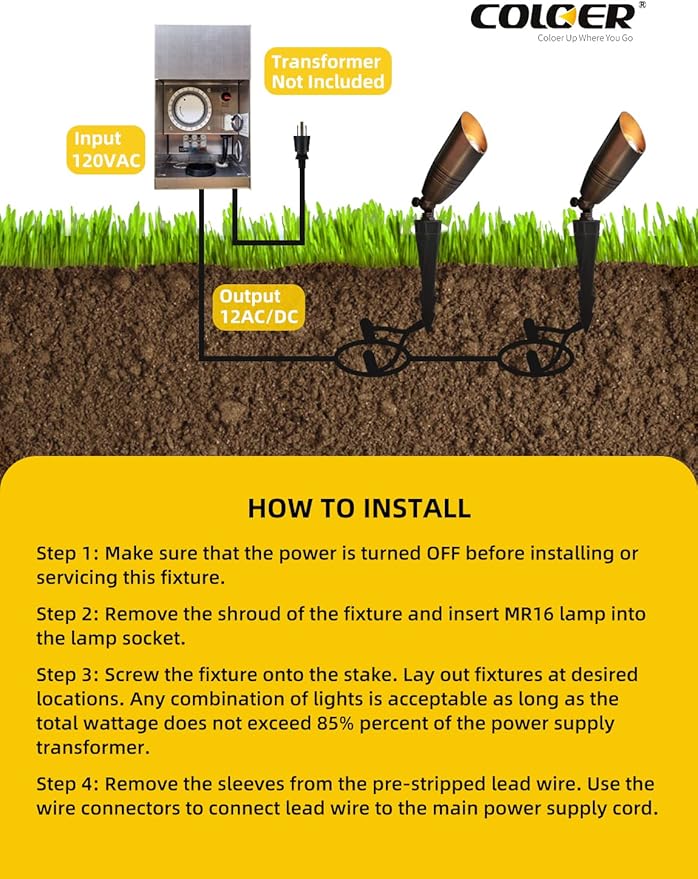 COLOER Brass Landscape Spotlights 6 Pack Landscape Light Fixture with 5W Aluminum Housing MR16 LED Bulb 2700K 450LM12V AC/DC Low Voltage Outdoor Spot LightingUplight for Garden and Patio(102B)