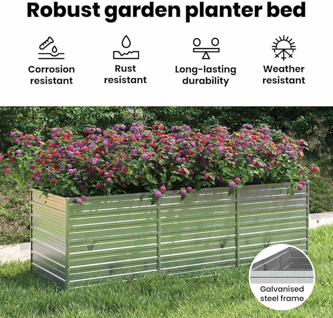 vidaXL Rectangular Garden Raised Bed - Versatile Galvanized Steel Planter Pot - DIY Friendly - Large Outdoor Flower/Herb/Vegetable Bed - Easy Assembly - Durable &amp Weather-Resistant - Silver Finish