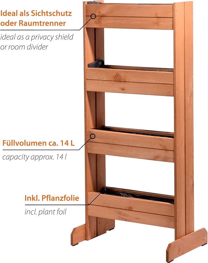 dobar® 58372FSCe Vertical Flower Bed Solid Wood | Vertical Raised Bed with 4 Planters | Vertical Bed for Garden/Patio/Balcony | Flower Stairs Including Plant Film | 55 x 40 x 125 cm | Brown