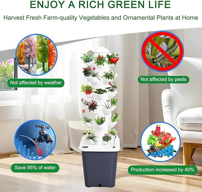 Hydroponic Tower | Vertical Hydroponic Tower Garden System | Water Circulation Plants Germination | with Water Pump &amp Timer | Vertical Hydroponic System for Gardening Lover (Grey 15 Holes)
