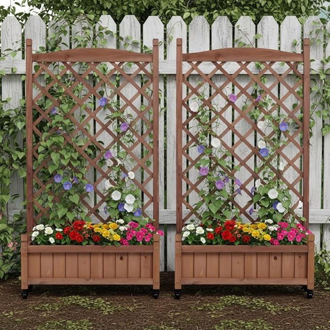 Raised Garden Bed with Tr2 Pack Outdoor Wooden Planter Box Plant Stand with Climbing Racks