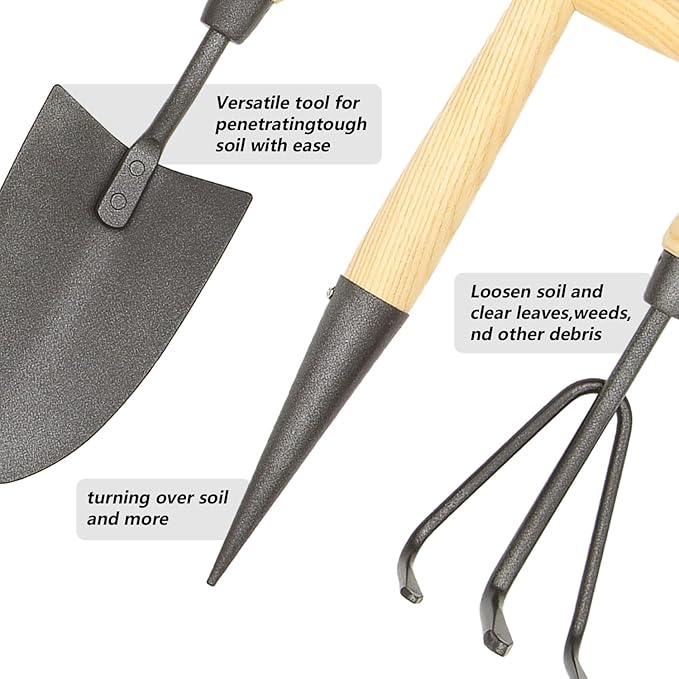 Japanese Gardening Tools Set 6 Pcs Garden Tools Set Black Painted Stainless Steel Heavy Duty Gardening Tools Kit Hand Trowel Dibble Hand Rake Weeder Transplanter and Hand Folk…