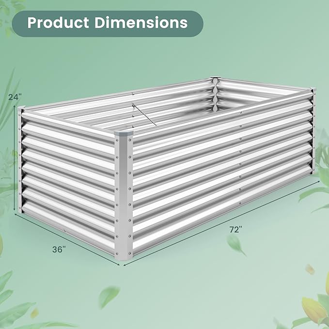 Rectangular Raised Garden Bed Galvanized Garden Planter with Open Bottom Sprayed Plate &amp Corner Protectors Outdoor Metal Planter Box for Vegetables Flowers &amp Herbs (Sliver)