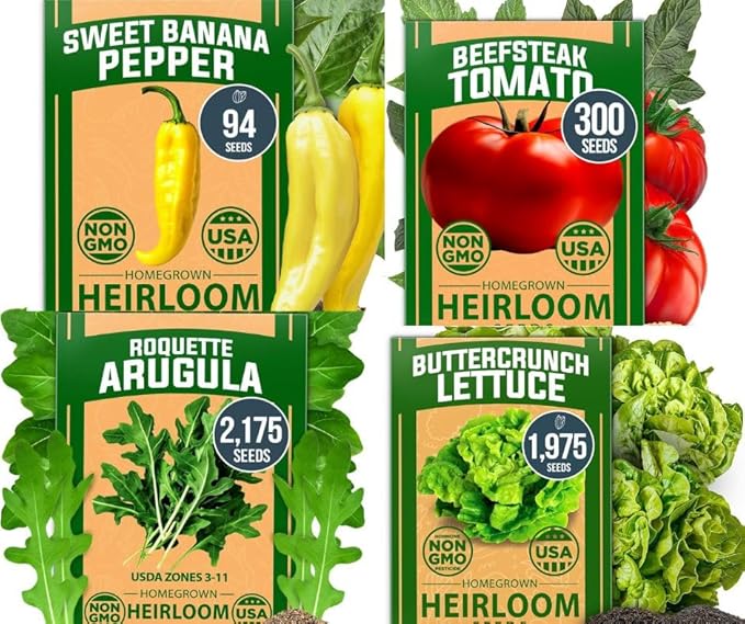 HOME GROWN 𝗨𝗦𝗔 𝗣𝗥𝗘𝗠𝗜𝗨𝗠 Arugula Roquette Seeds Pack 2175 &amp Banana Pepper 94 &amp Beefsteak Tomato 300 &amp Buttercrunch Lettuce 1975