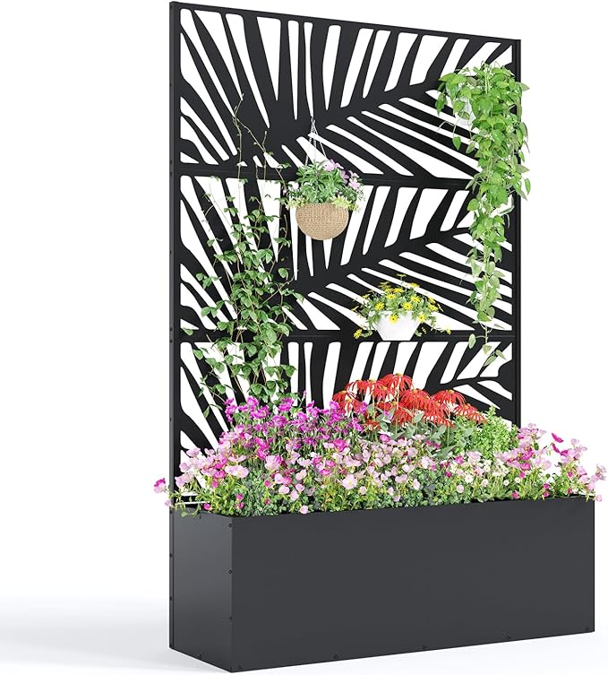 Garvee Metal Raised Garden Bed with Trellis 71x47x16 Metal Planter Box with Trellis Privacy Screen for Climbing Plants Vegetable Vines Drainage Holes 15.8 Deep Planting Bed Black
