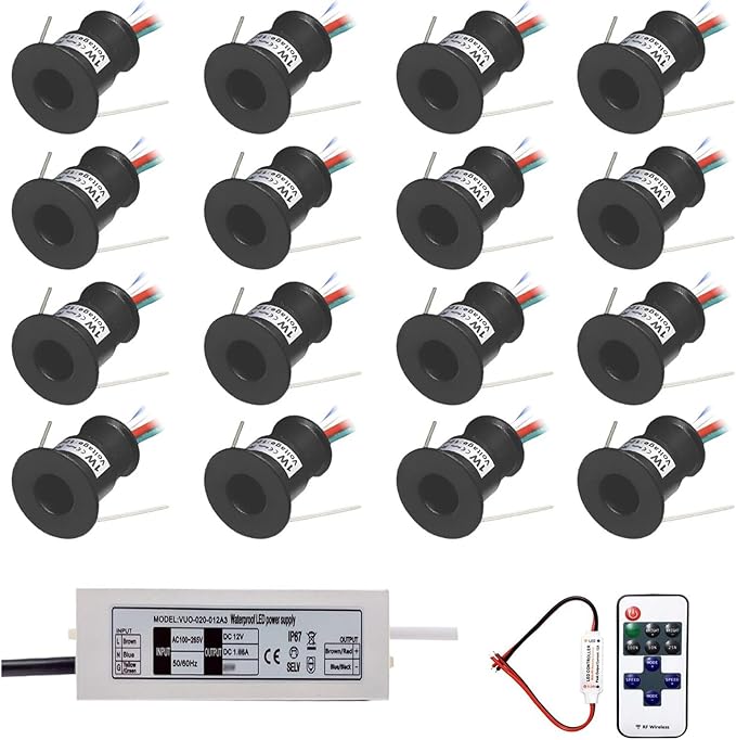 1W Mini LED Spotlight 16 Packs of Lighting angle 30° Colorful+control Recessed Ceiling Lamp 12V with Transformer 20x25mm Black