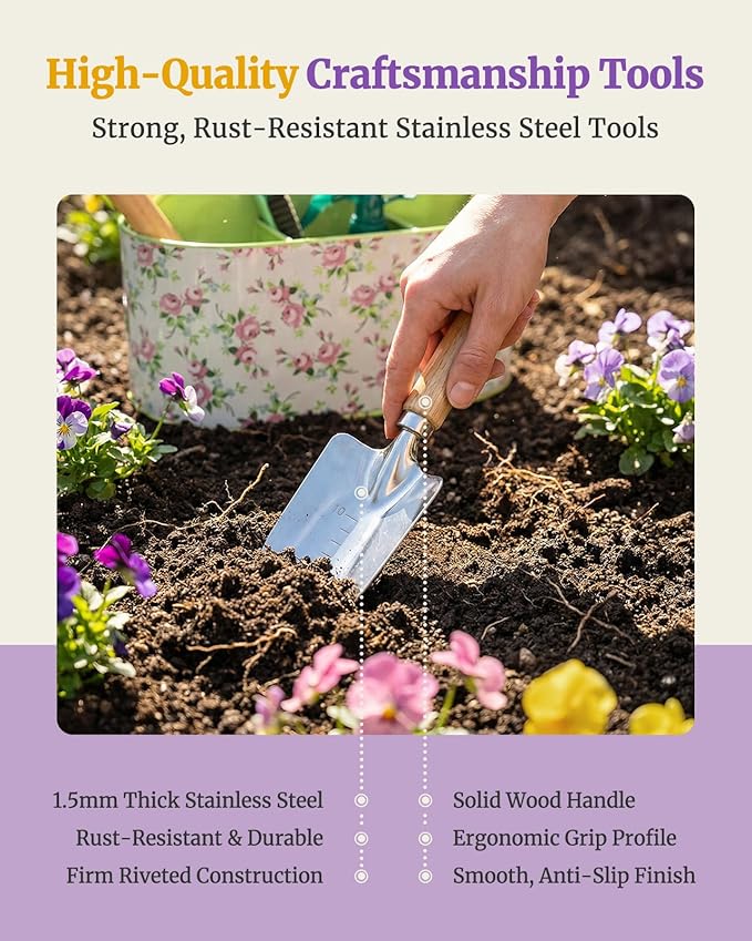 9-Piece Garden Tool Set Heavy Duty Metal Storage Basket with 4 Compartments Premium Stainless Steel Gardening Tools with Ergonomic Gardening Kit for Planting Gardening Gift for Men Women