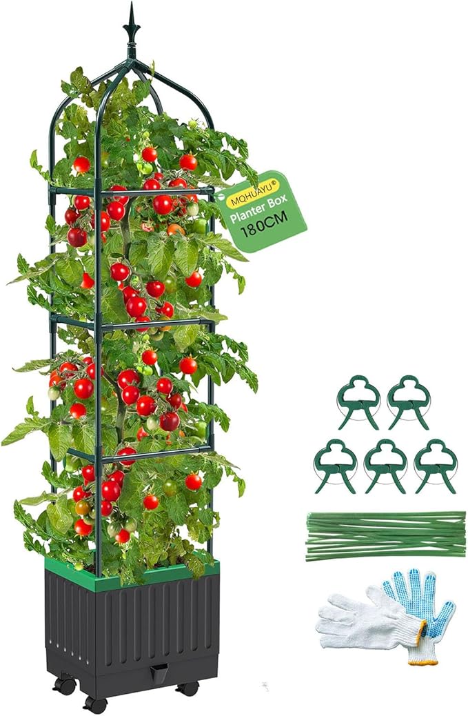 Raised Garden Bed Planter Boxes with Trellis1pcs 70.9Self-Watering Tomato Planter Boxes with Trellis for Climbing Vegetables Plants Flowers Tomato with WheelsUse for Indoor Outdoor (Black)