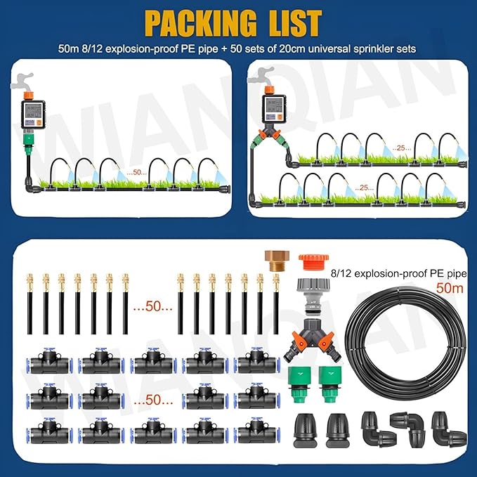 360° Bendable Drip Irrigation Kit Bendable Drip Garden Watering System Automatic Irrigation Equipment Set High Pressure Resistance Smart Timer for Greenhouse Flower Beds Lawn 50m