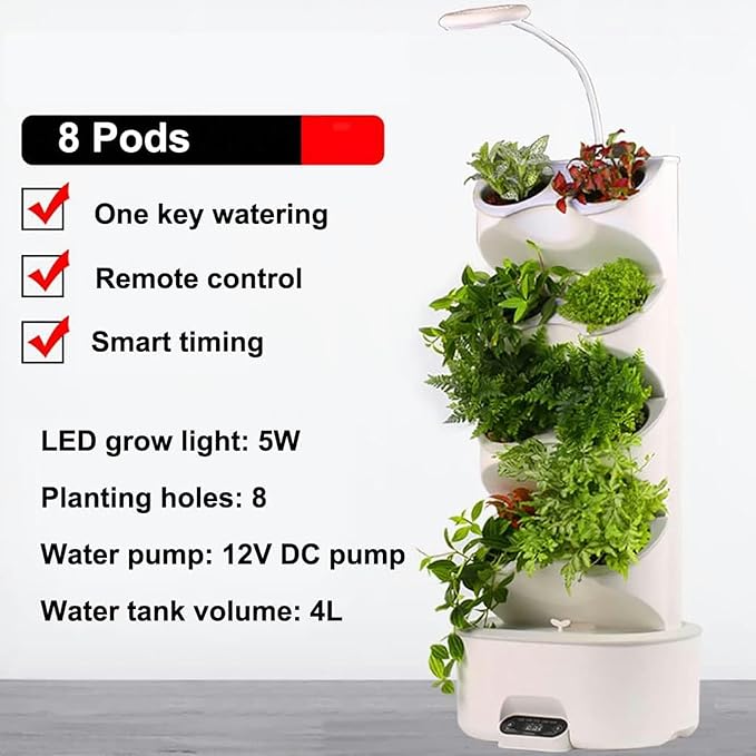 System of Hydroponic Culture 8 Capsules 4 Floors Herbal Garden Kit for Interiors with Growth LED Light and Touch Screen Bonsai Pots for Herbs Fruits and Vegetables
