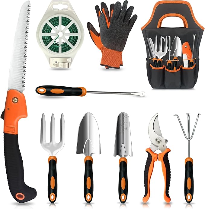 Gardening Tools10PCS Stainless Steel Heavy Duty Garden Tool SetNon-Slip Ergonomic Handle and Outdoor Garden Shovel with Storage Gardening KitGarden Gifts for Women and Men