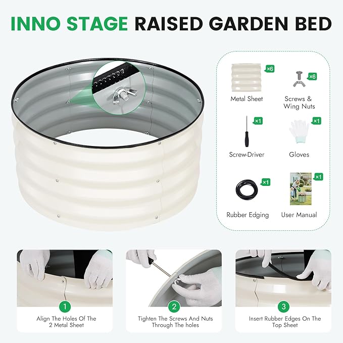 INNO STAG 3 Pcs Round Galvanized Raised Garden Bed — 2×2×1ft Planter Box Outdoor Raised Beds Kit for Gardening Vegetables Fruits Herbs and Flowers White