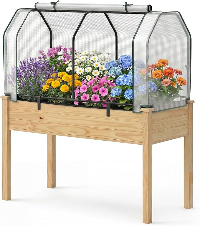 Giantex Raised Garden Bed with Mini Greenhouse w/Dual Zipper Door 47.5”x21.5”x24” Planter with Green House for Patio Lawn Garden Easy Assembly (Natural &amp White)