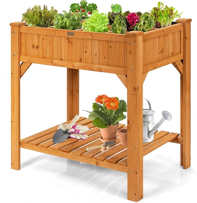 S AFSTAR Raised Garden Bed with Legs Wooden Elevated Planter Box with 8 Grids Divider &amp Protective Liner 35.5x24x36in Standing Garden Planter Bed for Vegetables Flowers Herbs on Deck Patio Backy