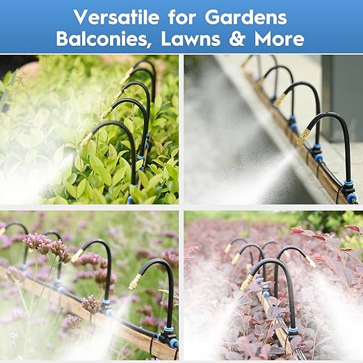 360° Automatic Drip Irrigation Kit - 5/16'' Tubing Adjustable Universal Spray Nozzle Copper Atomizing System for Garden/Lawn/Greenhouse - Multi-Directional Rotation Quick Connectors 82FT