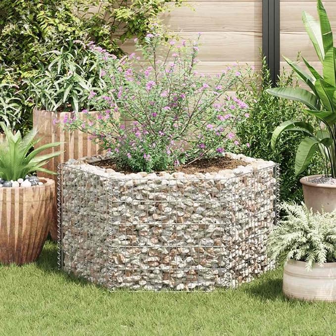 Gabion Raised Bed Silver Galvanized Steel Hexagonal Planter for Outdoor Plants Heavy Weight Endurance 39.4x39.4x19.7 inch Easy Assembly Gardening Solution