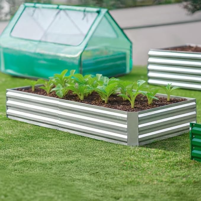 Raised Garden Bed with Cover Outdoor Galvanized Metal Planter Box with PE Cover 2 Large Screen Windows 6x3x3 FT 3-in-1 Gardening Set with 1 Pair of Gloves for Vegetable Flower Herb Succulent Clear
