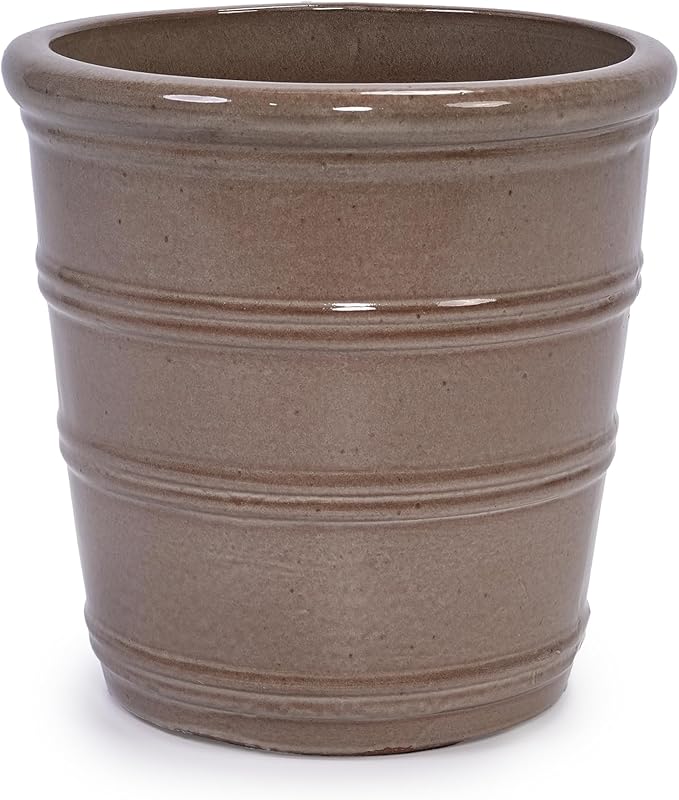 Handmade Ceramic Planter Set of 3 161310 Diameter Taupe with Horizontal Rings for Succulents Herbs IndoorOutdoor Use on Windowsill Shelf Breathable Clay