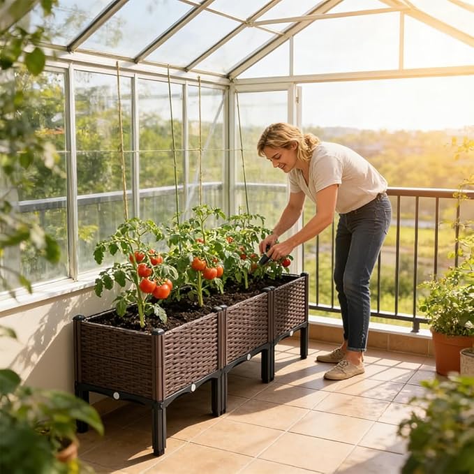 CloudDream 3Piece Brown Raised Garden Box Set Ideal for Growing Vegetables Herbs Flowers &amp Succulents. with Built-in Drain outlets andit Works Well Indoors and Outdoors Suitable (Brown)
