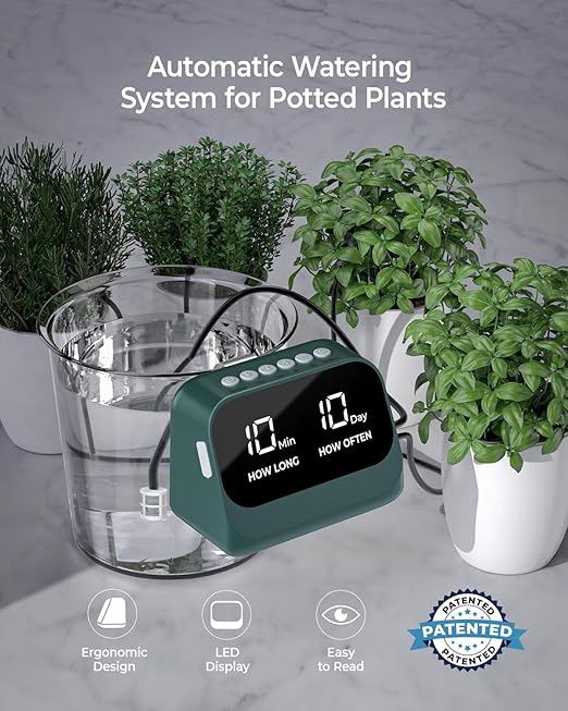 Automatic Watering System for Potted Plants Plant Waterer DIY Drip Irrigation Kit with Smart Timer Waterproof LED Display &amp Large Capacity Battery Precise Distribution of Water (Green)