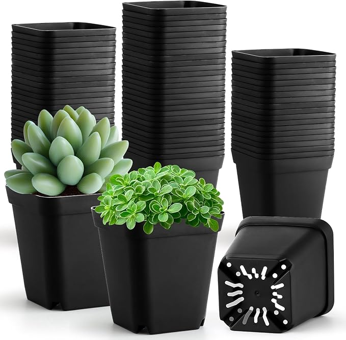 100 Pack Plant Nursery Pots 3.15 Inch Durable Square Seedling Pots with Drainage Holes Reusable Small Plastic Flower Pots for Seed Starting Transplanting Herb Garden