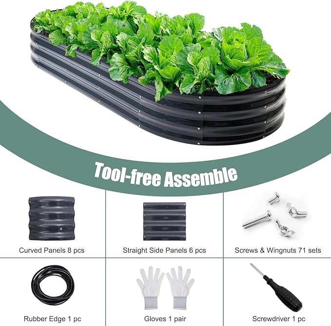 Galvanized Steel Raised Garden Bed 12 Tall Oval Galvanized Steel Raised Garden Bed - 7x3ft Oval Outdoor Planter Box with Rubber Edging (Grey)