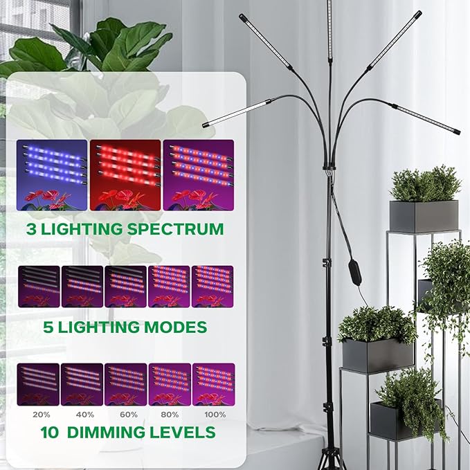 5-Head Floor Plant Lights - 15-63 Adjustable Stand Dual-Band Red/Blue LEDs - Remote Control &amp Auto Timer for Large Indoor Gardens Vegetables Flowering Plants (5-Head)