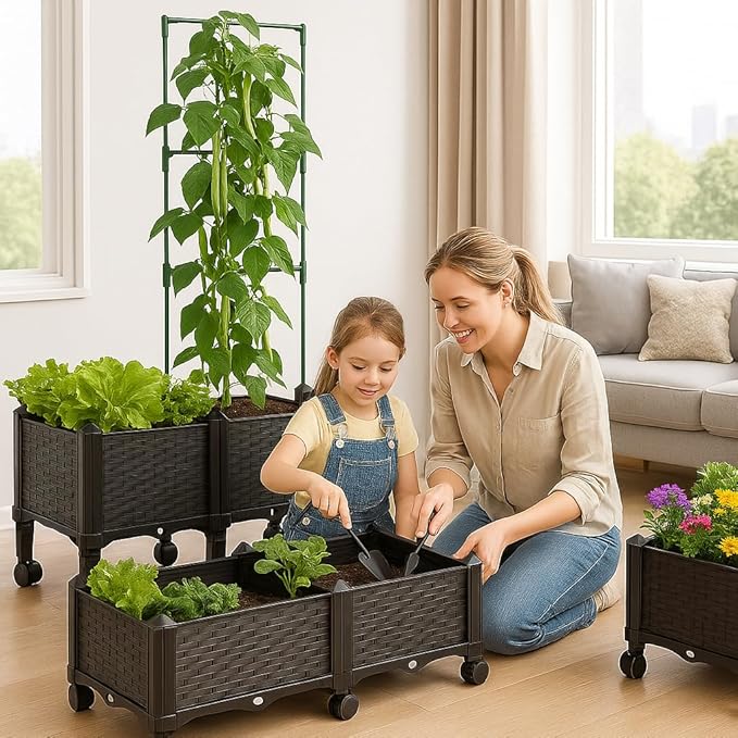 Sherbo Raised Garden Bed Planter Box on Wheels with Trellis Rattan Style Raised Planter Beds for Outdoor Plants Compact Mobile Planter Boxes Outdoor for Patio or Balcony