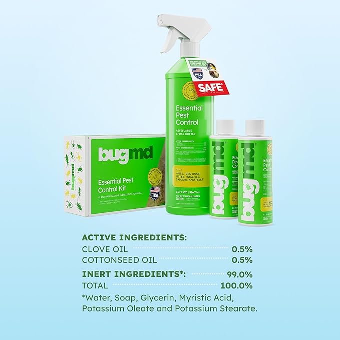 BugMD Ant Killer &amp Bug Spray - Roach and Cockroach Killer Indoor Spider Spray for Home Fly and Insect Defense Natural Safe with Essential Oils Plant-Powered Pest Control - Starter Kit