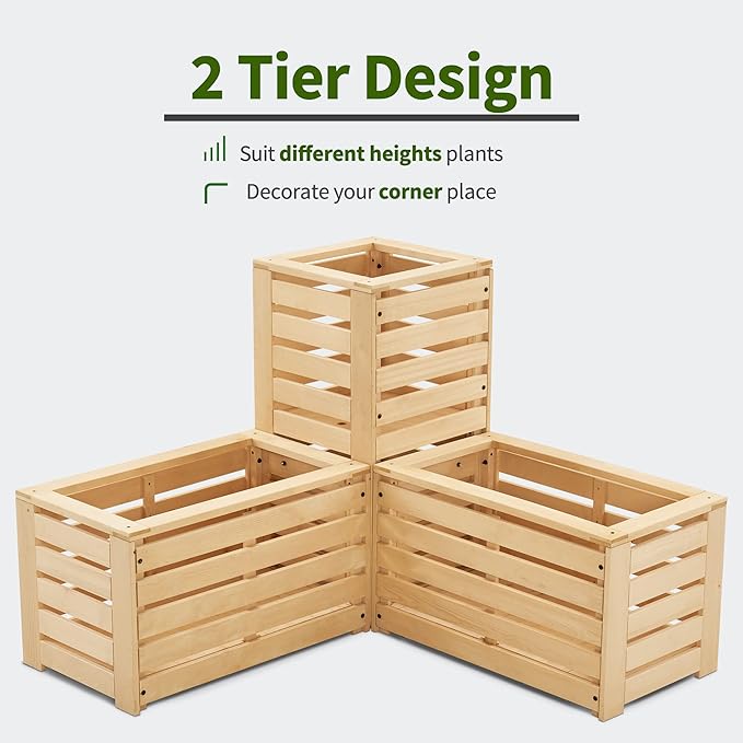 MCombo 2 Tier Corner Raised Garden Bed Outdoor Wooden Planter Box Elevated Garden Bed with Liners for Vegetables Herbs and Flowers 0315