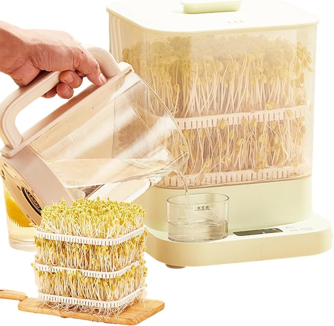 Home Smart Bean Sprout Machine Automatic Bean Sprout Machine 360°Sprinkling 4 Seasons Planting 1.5L Water Tank LED Display for Radish Wh