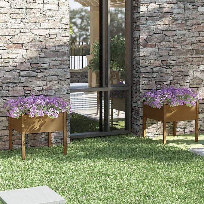 Solid Pinewood Garden Planter Set of 2 - Large Honey Brown Weatherproof Wooden Planters for Outdoor Garden Balcony &amp Patio with Welded Wire Mesh Baskets