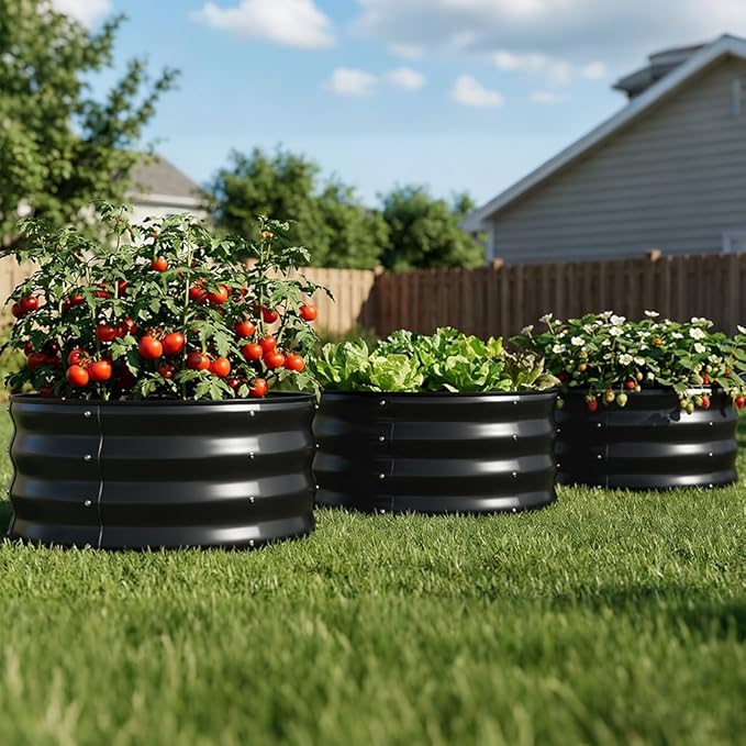 COMHOMA 3 Pack Round Raised Garden Bed 2x2x1ftGalvanized Metal Planter Box Kit for Outdoor GardeningVegetable Flower Herb Growing Beds with Gloves ToolsBlack