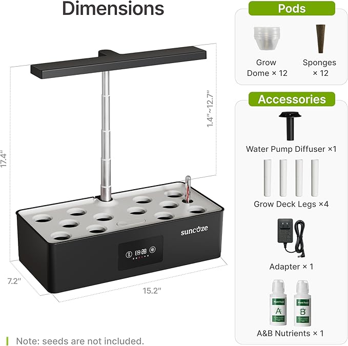 SUNCOZE Hydroponics Growing System Kit with 24W Dimmable Grow Light 12 Pods Indoor Herb Garden with Timer &amp Local Time Setting Adjustable Height Smart Countertop Garden for Home &amp Kitchen